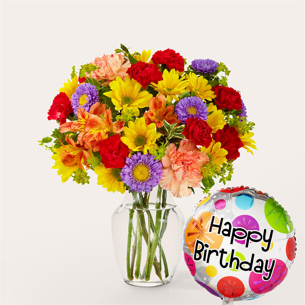 Kaleidoscope Bouquet with Birthday Balloon – DANIELLE'S FLORIST, Rockaway Park NY