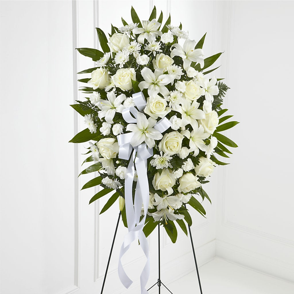Exquisite Tribute Standing Spray-White Ribbon – DANIELLE'S FLORIST, Rockaway Park NY